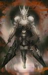  armor armored_dress black_hair choker commentary_request draph dual_wielding eric_muentes forte_(shingeki_no_bahamut) full_body highres holding horns imperial_dragoon lance long_hair polearm red_eyes shadowverse shingeki_no_bahamut short_shorts shorts spot_color thighhighs twitter_username weapon 