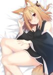  1girl animal_ear_fluff animal_ears ass bare_legs bare_shoulders bed_sheet black_kimono blush breasts brown_hair collarbone commentary_request detached_sleeves eyes_visible_through_hair fox_ears fox_girl hair_ornament hair_tie hairclip hand_on_own_thigh highres japanese_clothes kimono large_breasts legs looking_at_viewer looking_up lying on_bed on_side open_mouth original red_eyes sakuma_hiragi side_ponytail solo tail teeth upper_teeth_only 