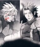  2b_fff 2boys armor blood blood_on_face cloud_strife crisis_core_final_fantasy_vii earrings final_fantasy final_fantasy_vii hair_between_eyes jewelry male_focus multiple_boys parted_bangs parted_lips rain short_hair shoulder_armor single_earring sleeveless sleeveless_turtleneck spiked_hair spot_color suspenders turtleneck upper_body zack_fair 