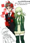  1girl 2boys absurdres ahoge black_jacket black_necktie black_pants breasts brown_hair danganronpa_(series) danganronpa_2:_goodbye_despair danganronpa_3_(anime) dress_shirt flipped_hair green_jacket green_thighhighs highres hinata_hajime jacket komaeda_nagito large_breasts medium_hair messy_hair miniskirt multiple_boys nanami_chiaki necktie open_clothes open_jacket pants pleated_skirt red_eyes shirt short_hair skirt spaceship_hair_ornament standing sweater_vest thighhighs translation_request uranagi_(uranaginasi) zettai_ryouiki 