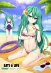  absurdres alternate_form barefoot beach bikini breasts cloud date_a_live green_eyes green_hair highres innertube large_breasts long_hair looking_at_viewer mountainous_horizon natsumi_(date_a_live) navel neps-l ocean one-piece_swimsuit purple_bikini sand sitting squiggle summer sunglasses swim_ring swimsuit tongue tongue_out v-shaped_eyebrows wariza water 
