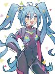  1girl blue_eyes blue_hair blush bodysuit commentary english_commentary hand_on_own_hip hatsune_miku highres interface_headset long_hair looking_at_viewer milktuart neon_genesis_evangelion open_mouth plugsuit smile solo twintails very_long_hair vocaloid 
