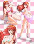  absurdres ass bikini breasts checkered_background danmakuman fujisaki_shiori full_body hairband high_heels highres large_breasts long_hair looking_at_viewer pink_bikini red_eyes red_hair signature smile swimsuit tokimeki_memorial white_bikini yellow_hairband 