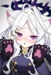  1girl animal_ear_fluff animal_ears animal_hands belt black_coat blue_archive blurry blush cat_ears cat_girl coat coat_on_shoulders commentary_request demon_girl demon_horns depth_of_field fake_animal_ears forehead fur-trimmed_coat fur_trim gloves hair_ornament hairclip halo hina_(blue_archive) horns long_hair long_sleeves looking_at_viewer military_uniform o_(user_xrwa3284) open_clothes open_coat parted_bangs paw_gloves paw_pose purple_eyes sam_browne_belt sidelocks simple_background solo sweatdrop uniform upper_body wavy_hair white_background white_hair 