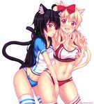  ahoge animal_ears arm_up armpit_licking armpits betsy_(fast-runner-2024) black_hair blonde_hair blue_panties blush bow breast_grab breasts brown_eyes cat_ears cat_tail cleavage clothes_writing cowboy_shot english eyebrows_visible_through_hair fast-runner-2024 grabbing groin hair_bobbles hair_bow hair_ornament highres large_breasts licking long_hair medium_breasts multiple_girls naala no_pants original panties red_panties shiny shiny_skin simple_background sports_bra striped striped_legwear tail thighhighs tongue tongue_out twitter_username underwear white_background yellow_eyes yuri 