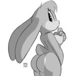  2019 breasts female from_behind_(disambiguation) lagomorph looking_at_viewer mammal monochrome nipples nude rabbit signature solo xylas 
