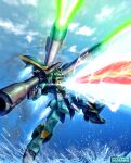  absurdres assassin_silver calamity_gundam cloud firing green_eyes gun gundam gundam_seed highres holding holding_gun holding_weapon laser mecha mecha_focus mobile_suit no_humans robot shoulder_cannon sky solo v-fin water weapon 