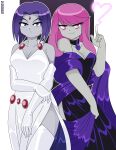  2girls absurdres breasts choker cleavage dc_comics dress elbow_gloves forehead_jewel gloves highres jinx_(dc) long_hair multiple_girls nico-neko pink_eyes pink_hair purple_eyes purple_hair raven_(dc) short_hair teen_titans twitter_username 