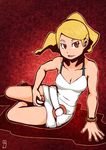  bangs bare_arms bare_legs bare_shoulders beauty_(pokemon) blonde_hair breasts brown_eyes chawalit_adsawawalanon cleavage collarbone commentary dress eyelashes fingernails high_ponytail highres holding holding_poke_ball long_hair looking_away looking_to_the_side lying medium_breasts on_side open_mouth parted_bangs poke_ball poke_ball_(generic) pokemon pokemon_(game) pokemon_sm red_background red_footwear shoes short_dress solo tongue white_dress wristband 