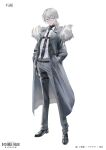  1boy character_request copyright_name double_helix_blossom full_body fur_trim glasses grey_eyes grey_hair hands_in_pockets highres holster loafers long_coat looking_at_viewer low_ponytail necktie official_art pants shoes smile solo standing swav thigh_holster white_background 