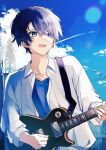  1boy absurdres blue_hair blue_shirt blue_sky building cloud collarbone collared_shirt cumulonimbus_cloud daifuku_mame_(kageroudt33) date_a_live day earrings guitar highres instrument itsuka_shidou jewelry light male_focus non-circular_lens_flare open_mouth outdoors shirt short_hair sky solo transmission_tower undershirt upper_body white_shirt 