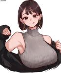  1girl :p aosora2823 armpits breasts brown_eyes brown_hair commentary_request earrings grey_sweater highres jewelry large_breasts looking_at_viewer original short_hair sleeveless sleeveless_sweater solo sweater tongue tongue_out upper_body 