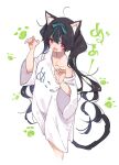  1girl :d animal_ears black_hair blush breasts cat_ears claw_pose clothes_writing collarbone fang feet_out_of_frame hamayumiba_sou heart heart_in_eye highres kemonomimi_mode long_hair looking_at_viewer loose_hair_strand midori_hemo ochikobore_fruit_tart off_shoulder open_mouth oversized_clothes oversized_shirt paw_print shirt simple_background skin_fang sleeves_past_elbows small_breasts smile solo standing symbol_in_eye translation_request twintails very_long_hair white_background white_shirt wide_sleeves 