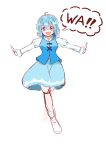  1girl :d absurdres ahoge blue_eyes blue_hair blue_skirt blue_vest full_body heterochromia highres juliet_sleeves long_sleeves looking_at_viewer open_mouth outstretched_arms oysterpersimmon puffy_sleeves red_eyes simple_background skirt smile solo speech_bubble tatara_kogasa touhou vest white_background 