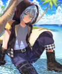  1boy beach belt black_belt black_footwear black_gloves black_jacket blue_eyes blue_pants blue_sky closed_mouth cloud cloudy_sky commentary_request fingerless_gloves gloves highres hood hood_up jacket kingdom_hearts kingdom_hearts_iii looking_at_viewer ocean open_clothes open_jacket osippo outdoors palm_tree pants riku_(kingdom_hearts) shirt short_sleeves sitting sky smile solo spiked_hair tree white_shirt zipper 