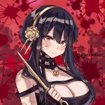  1girl artist_name black_choker black_dress black_hair blood blood_on_arm blood_on_breasts blood_on_clothes blood_on_dress blood_on_face blood_on_hands blood_on_shoulder blood_on_weapon blush braid breasts choker closed_mouth dress eyebrows_hidden_by_hair flower_hairband gold_hairband hairband highres instagram_logo instagram_username kamiiart looking_at_viewer red_eyes smile spy_x_family weapon yor_briar 