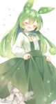  1girl :3 blush closed_eyes collared_shirt green_hair highres long_hair long_sleeves mani_(second-dimension) open_mouth shirt skirt skirt_hold smile solo suspender_skirt suspenders very_long_hair voicevox zundamon 