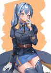  1girl alternate_hairstyle blue_eyes blue_hair blue_skirt blue_thighhighs blush breasts dawn_1945 gloves gotland_(kancolle) hair_between_eyes half_gloves highres kantai_collection long_hair long_sleeves looking_at_viewer medium_breasts military_uniform mole mole_under_eye necktie shirt sitting skirt smile solo thighhighs uniform white_background white_gloves yellow_background 