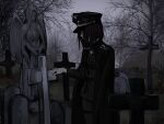  1girl angel angel_statue bare_tree black_cape black_hair cape cowboy_shot cross fog graveyard highres iron_cross latin_cross medium_hair muted_color original overcast pale_skin pants reichsadler saki_(c_ybrbnby) sky ss_uniform statue tombstone totenkopf tree uniform visor_cap waffen-ss 