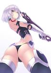  1girl angry ass assassin_of_black bandage bandaged_arm bare_shoulders black_legwear black_panties breasts butt_crack fate/apocrypha fate_(series) green_eyes looking_at_viewer looking_back outstretched_arms panties ryuinu short_hair silver_hair small_breasts solo tattoo thighhighs thong underwear 