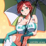  armlet blush breasts character_name cleavage clothes_writing collarbone gloves green_eyes green_gloves gundam gundam_age large_breasts midriff natora_einus navel open_mouth race_queen red_hair runaru shadow short_hair solo umbrella 