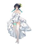  18301639225 1boy alternate_costume aqua_eyes aqua_hair bare_shoulders black_hair blush braid choker closed_mouth crossdressing detached_sleeves dress flower full_body garter_straps genshin_impact hair_between_eyes hair_flower hair_ornament hand_on_own_chest highres leg_tattoo long_hair male_focus multicolored_hair otoko_no_ko short_hair_with_long_locks simple_background solo strapless strapless_dress tattoo thighhighs twin_braids venti_(genshin_impact) white_background white_choker white_dress white_flower white_footwear 