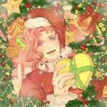  absurdres bell candle christmas_ornaments christmas_tree gift hat heart highres jojo_no_kimyou_na_bouken kakyouin_noriaki male_focus mio_rin open_mouth pink_hair purple_eyes red_ribbon ribbon santa_costume santa_hat smile solo star upper_body 