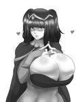  1girl breasts cleavage donaught fire_emblem fire_emblem:_kakusei heart huge_breasts monochrome solo tharja_(fire_emblem) 