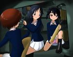  3girls black_hair blue_eyes blush brown_hair girls_und_panzer multiple_girls panties pink_panties sawa_azusa skirt smile underwear upskirt utsugi_yuuki yamagou_ayumi yamucya01 