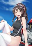  8000 ;d alternate_hairstyle ashigara_(kantai_collection) black_hair black_swimsuit brown_eyes competition_swimsuit day ground_vehicle kantai_collection long_hair looking_at_viewer motor_vehicle motorcycle one-piece_swimsuit one_eye_closed open_mouth ponytail sitting smile solo swimsuit thighhighs white_legwear 