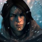  2015 black_eyes brown_hair clothing dragon_age elf hair humanoid male motion_blur not_furry outside pointy_ears portrait snow solo tattoo tree video_games wounded 