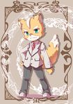  anthro black_nose brown_fur canine clothing footwear fox fox_mccloud fur green_eyes male mammal necktie nintendo smile solo star_fox suit video_games white_fur きゃらられな 