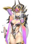  1boy 1girl arm_up armor black_gloves black_legwear breasts cleavage closed_mouth cowboy_shot eyelashes forehead_jewel gloves gradient hand_up helmet highleg highres horns kumiko_shiba large_breasts league_of_legends leotard long_hair looking_at_viewer medium_breasts pauldrons pink_lips purple_eyes revealing_clothes silver_hair simple_background skindentation smile solo_focus strapless strapless_leotard syndra thigh_gap thighhighs thumbs_up vambraces very_long_hair white_background white_hair zed_(league_of_legends) 