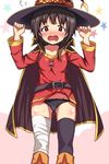  bandaged_leg bandages belt black_hair black_panties blush cape clenched_hands fingerless_gloves gloves hat highres kono_subarashii_sekai_ni_shukufuku_wo! looking_at_viewer megumin open_mouth panties red_eyes short_hair single_thighhigh smile solo star thighhighs tokitoki_(commando) underwear witch_hat 