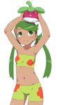  &gt;o&lt; 1koma armpits arms_up bad_id bad_twitter_id bandeau bangs bare_shoulders bikini blush bounsweet breasts bubukka closed_eyes closed_mouth comic dark_skin floral_print gen_1_pokemon gen_7_pokemon green_bikini green_eyes green_hair hair_ornament happy holding holding_pokemon inactive_account mao_(pokemon) midriff navel on_head open_mouth pokemon pokemon_(anime) pokemon_(creature) pokemon_on_head pokemon_sm_(anime) simple_background small_breasts smile staryu stomach strapless swept_bangs swimsuit thighs trial_captain twintails white_background 