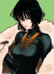  bangs black_hair blunt_bangs breasts coat colored eyelashes fubuki_(one-punch_man) green_background green_eyes half-closed_eyes jacket large_breasts light_smile lips long_sleeves looking_at_viewer murata_yuusuke necklace one-punch_man pink_lips short_hair simple_background sweater turtleneck turtleneck_sweater upper_body 
