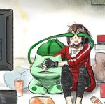  barefoot blush bulbasaur commentary_request covering_another's_eyes covering_eyes cup drink drinking_straw fast_food female_protagonist_(pokemon_go) fumuna gen_1_pokemon handheld_game_console nintendo_3ds no_hat no_headwear pillow pokemon pokemon_(creature) pokemon_go sitting television 