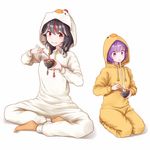  2girls alternate_costume black_hair bowl chick_costume chicken_costume chinese_zodiac chopsticks commentary_request directional_arrow dtvisu eating food holding holding_bowl holding_chopsticks hood hoodie horns indian_style kijin_seija mochi multicolored_hair multiple_girls new_year purple_eyes purple_hair red_hair short_hair sitting smile streaked_hair sukuna_shinmyoumaru touhou wariza white_hair year_of_the_rooster zouni_soup 