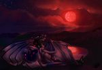  2015 black_hair detailed_background digital_media_(artwork) dragon duo fur furred_dragon green_hair hair horn membranous_wings moon natoli night outside sky white_fur wings 