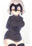  2017 alternate_costume arms_behind_back artist_name black_sweater blonde_hair breasts commentary_request dated dress fate/grand_order fate_(series) headgear highres impossible_clothes jeanne_d'arc_(alter)_(fate) jeanne_d'arc_(fate)_(all) large_breasts looking_at_viewer narusegawa_riko ribbed_sweater signature solo sweater sweater_dress thighhighs thighs turtleneck turtleneck_sweater yellow_eyes 