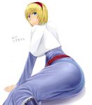  absurdres alice_margatroid ass blue_dress capelet commentary_request daa_(blame2212) dress eyebrows eyebrows_visible_through_hair hairband highres long_sleeves looking_at_viewer panties see-through short_hair solo thighs touhou translation_request underwear 