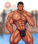  1boy abs bara blush bulge coach crotch looking_at_viewer muscle nipples pecs pool solo_focus teacher topless toto_(artist) water whistle 