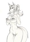 anthro autumm_airwave big_breasts breasts canine clitoris female mammal monochrome nipples nude pussy smile solo standing wide_hips 