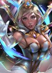  absurdres blonde_hair blue_eyes breasts cleavage elbow_gloves elementalist_lux gloves hair_ornament highlights highres joacoful large_breasts league_of_legends light_elementalist_lux looking_at_viewer luxanna_crownguard multicolored_hair pink_hair short_hair solo watermark web_address 