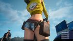  1boy 1girl 3d abs ass back cidney_aurum day denim final_fantasy final_fantasy_xv from_behind from_below game_cg gladiolus_amicitia holster jacket midriff open_jacket pouch screenshot short_shorts shorts sky tanline underwear 