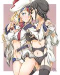  belt beret black_bra black_hair black_legwear black_panties blonde_hair blue_belt blue_eyes blue_hair blush bra commandant_teste_(kantai_collection) dated falco_arrow female_admiral_(kantai_collection) garter_straps gloves hat highres kantai_collection long_hair looking_at_another multicolored_hair multiple_girls navel panties red_hair smile streaked_hair striped striped_panties thighhighs underwear white_bra white_gloves white_hair yuri 