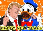  animal bad_id bad_pixiv_id bird character_name disney donald_duck donald_trump duck formal hand_on_another's_shoulder happy_new_year hat kamado_(artist) kotoyoro namesake new_year politician real_life sailor_hat star thumbs_up translated 