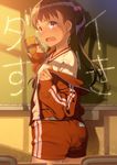  annoyed ass brown_eyes brown_hair chair chalkboard classroom desk from_behind gym_shorts gym_uniform hair_bobbles hair_ornament jacket long_hair looking_back off_shoulder open_mouth original pairan short_shorts shorts shouting solo track_jacket twintails wavy_mouth 
