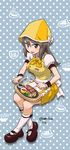  apron brown_eyes brown_hair coco's crossed_legs employee_uniform food fork girls_und_panzer hat highres hotplate kozu_kue long_hair mary_janes mika_(girls_und_panzer) name_tag open_mouth polka_dot polka_dot_background puffy_sleeves shoes sitting socks solo steak table_knife uniform waitress white_apron white_legwear wrist_cuffs yellow_hat 