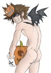  1boy ass erection gloves kingdom_hearts looking_at_viewer male_focus nude penis pumpkin smile solo sora teeth wings 